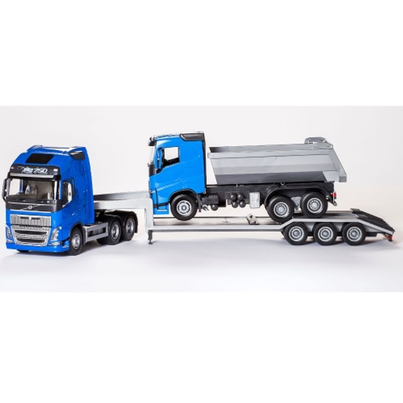 EMEK LASTEBIL BLÅ VOLVO TREKKVOGN FH16/750 MED MASKINSEMI OG BLÅ LASTEBIL 1:25
